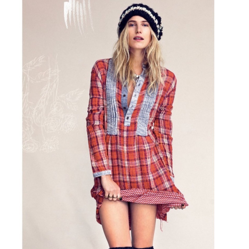 Artisan De Luxe Free People Plaid Mini Dress Red Gingham Mixed Media Boho Medium